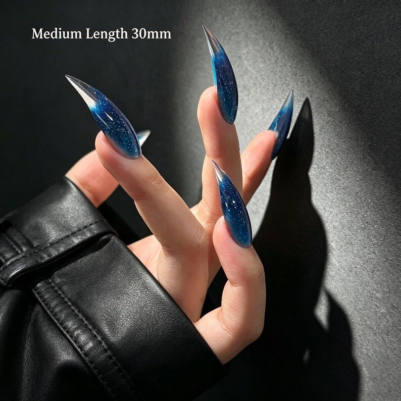 Sapphire Blue Cat Claw Press-on Nails, Sparkly Curved Stiletto Nails for Dark Fantasy & Y2K Style - Image 5