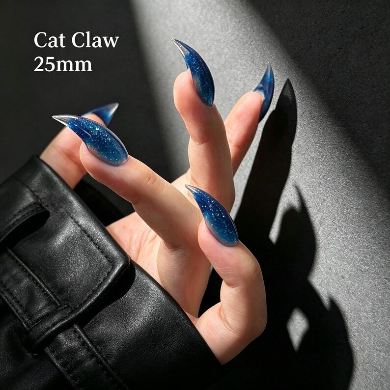Sapphire Blue Cat Claw Press-on Nails, Sparkly Curved Stiletto Nails for Dark Fantasy & Y2K Style - Image 4