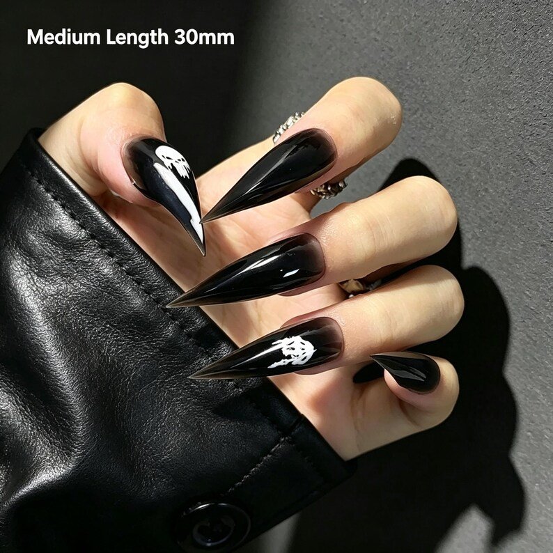 Black Skull Stiletto Press-on Nails, Gothic Long Nails for Halloween, Dark Feminine & Alternative Style - Image 6