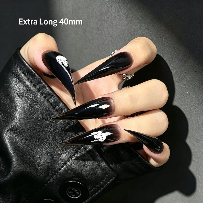 Black Skull Stiletto Press-on Nails, Gothic Long Nails for Halloween, Dark Feminine & Alternative Style - Image 7