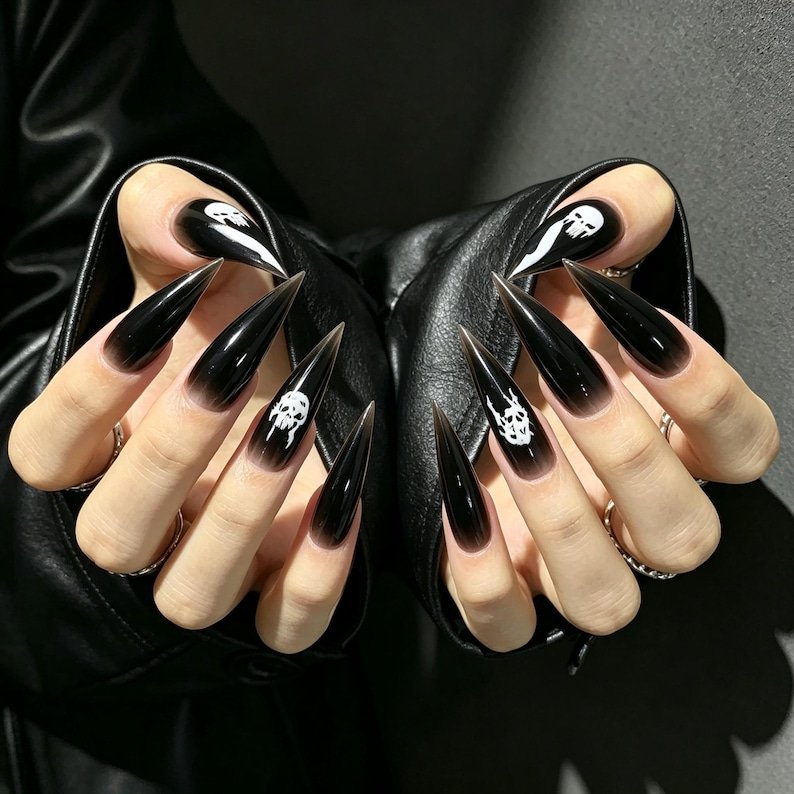Black Skull Stiletto Press-on Nails, Gothic Long Nails for Halloween, Dark Feminine & Alternative Style - Image 2