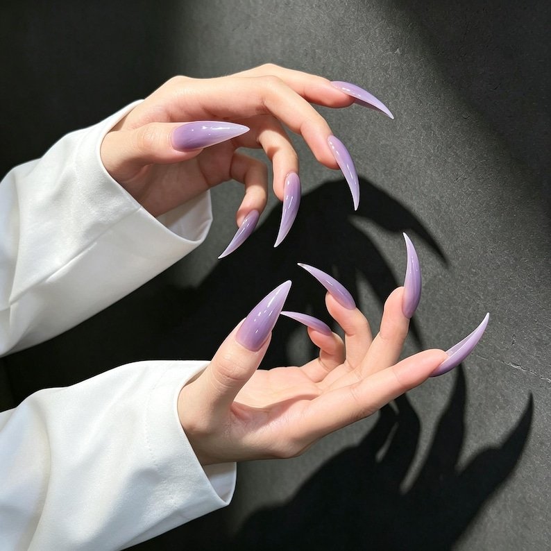 Ethereal Lavender Cat Claw Press-on Nails, Long Stiletto Nails for Fairycore & Dark Fantasy Lovers - Image 3