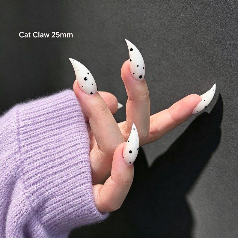 Dalmatian Spot Cat Claw Press-on Nails, Milky White Stiletto Nails for Y2K, Alternative & Statement Style - Image 4