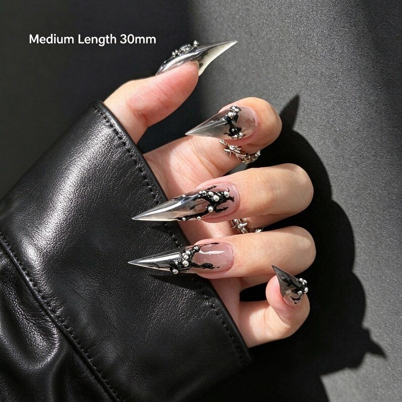 Black Chrome Stiletto Press-on Nails, Gothic 3D Nails for Parties, Halloween & Dark Fashion Lovers - Image 5