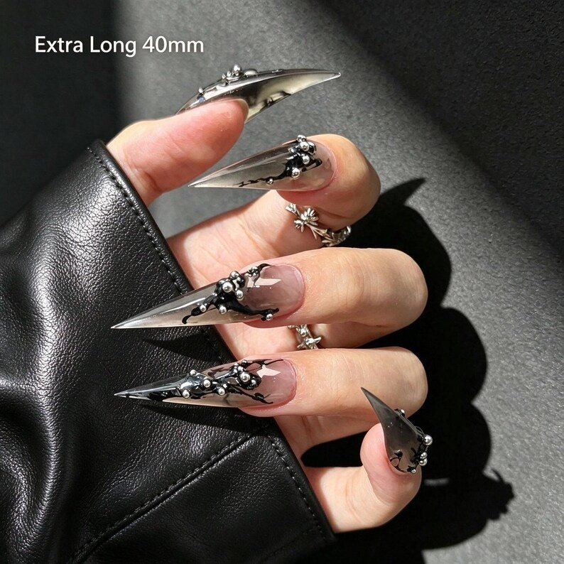 Black Chrome Stiletto Press-on Nails, Gothic 3D Nails for Parties, Halloween & Dark Fashion Lovers - Image 6