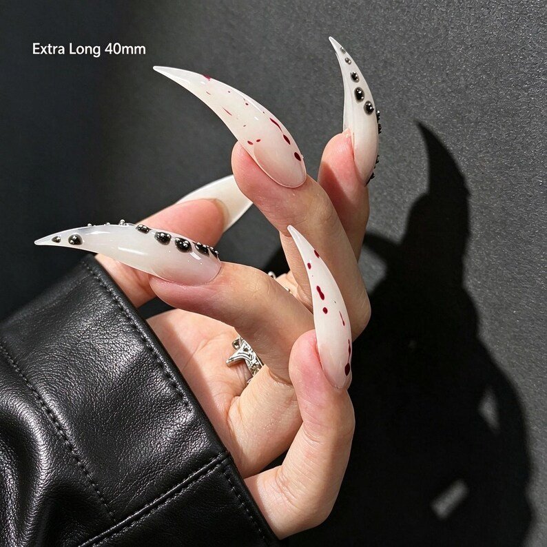 Gothic Blood Drip Cat Claw Press-on Nails, White Stiletto Nails for Halloween, Vampire & Dark Feminine Lovers - Image 4