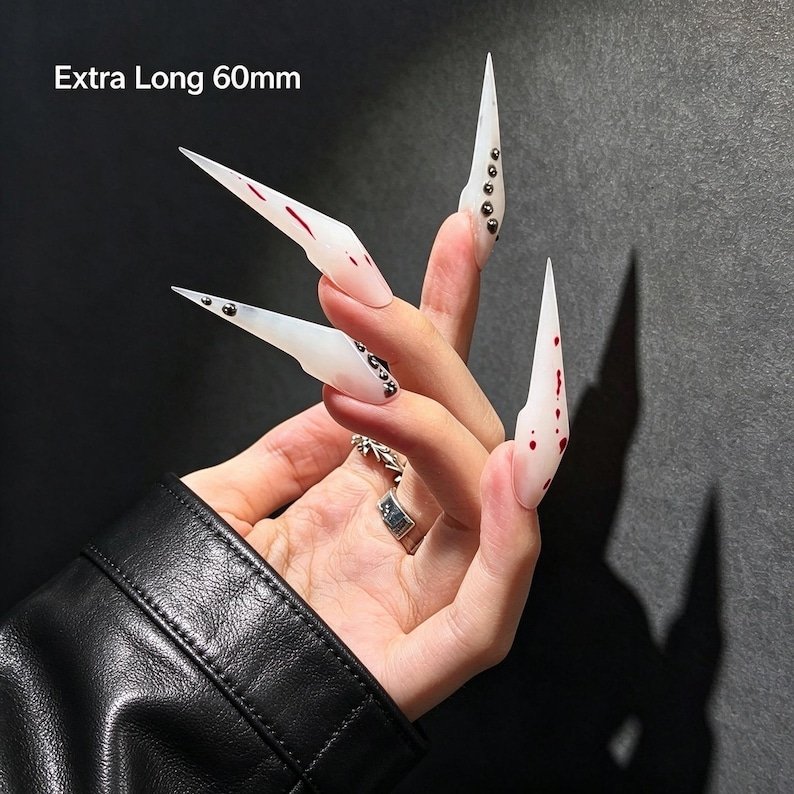 Gothic Blood Drip Cat Claw Press-on Nails, White Stiletto Nails for Halloween, Vampire & Dark Feminine Lovers - Image 3