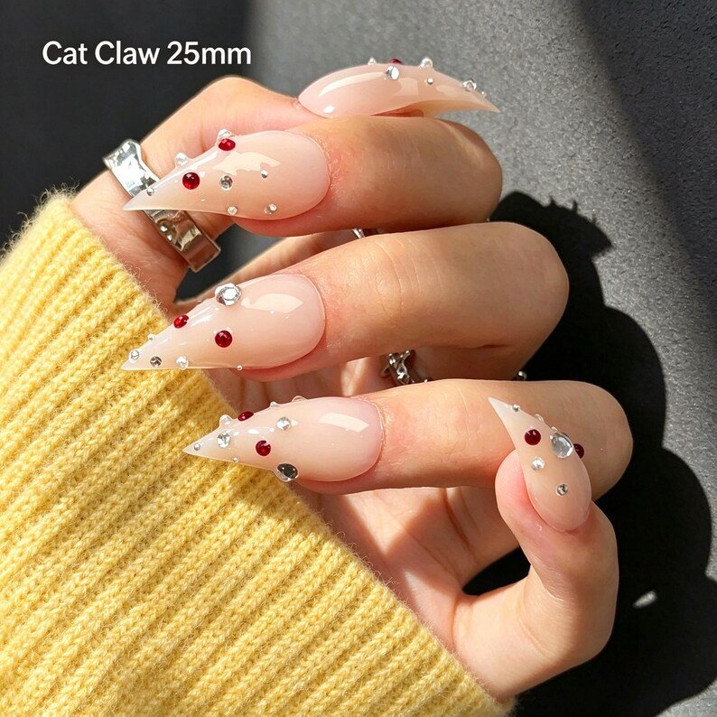 Cherry Kiss Cat Claw Press-on Nails, Milky Nude Stiletto Nails for Romantic Nights & Glam Looks - Image 6
