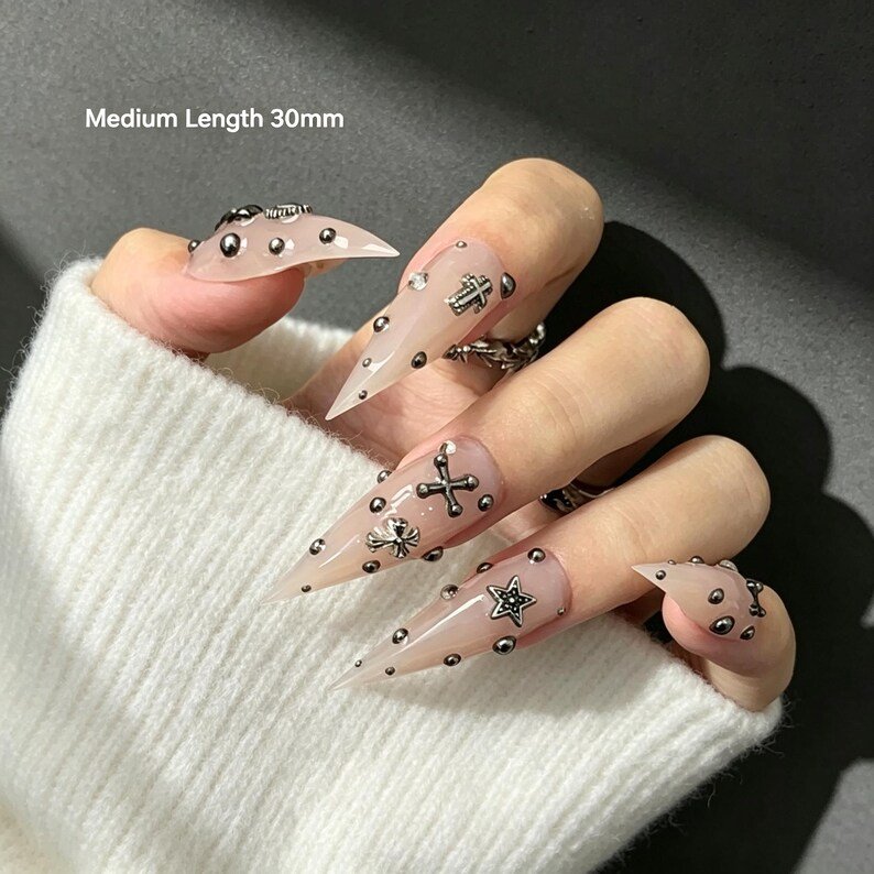 Gothic Cross Stiletto Press-on Nails, 3D Religious Jewelry Nails for Dark Feminine & Alternative Girls - Image 5