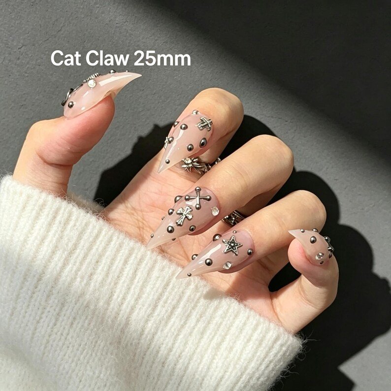 Gothic Cross Stiletto Press-on Nails, 3D Religious Jewelry Nails for Dark Feminine & Alternative Girls - Image 4