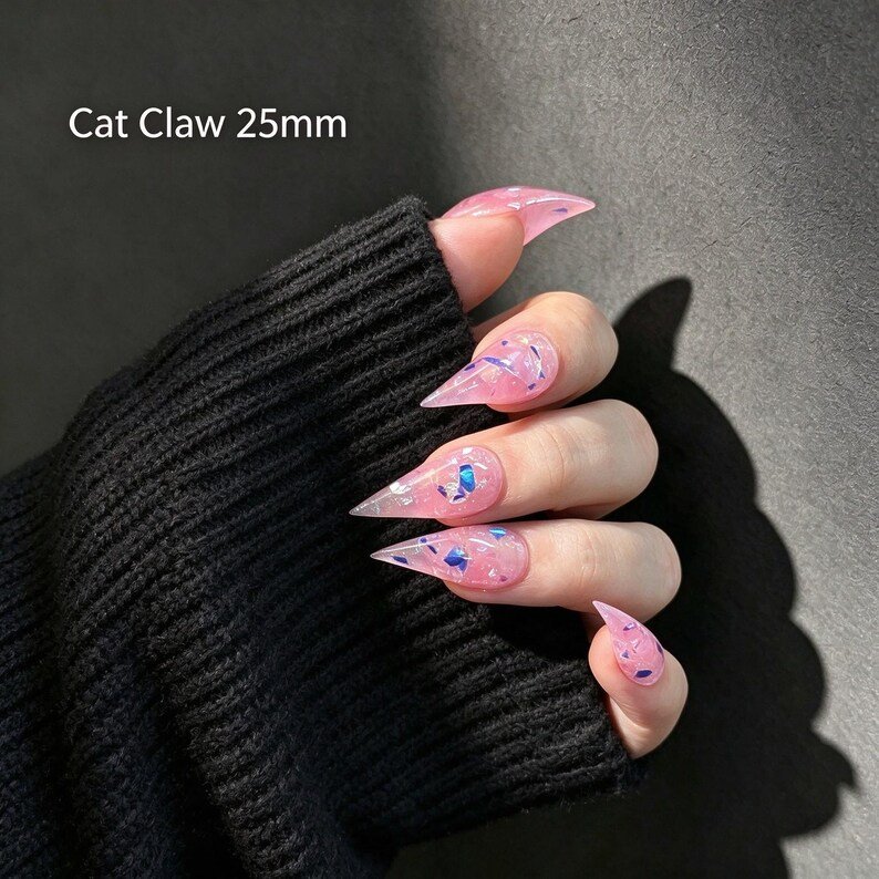Pink Jelly Cat Claw Press-on Nails, Iridescent Stiletto Nails for Y2K, Fairycore & Alt Girls - Image 5