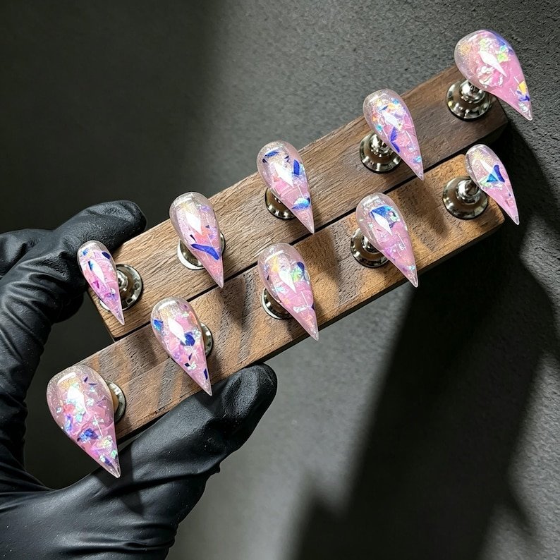 Pink Jelly Cat Claw Press-on Nails, Iridescent Stiletto Nails for Y2K, Fairycore & Alt Girls - Image 3