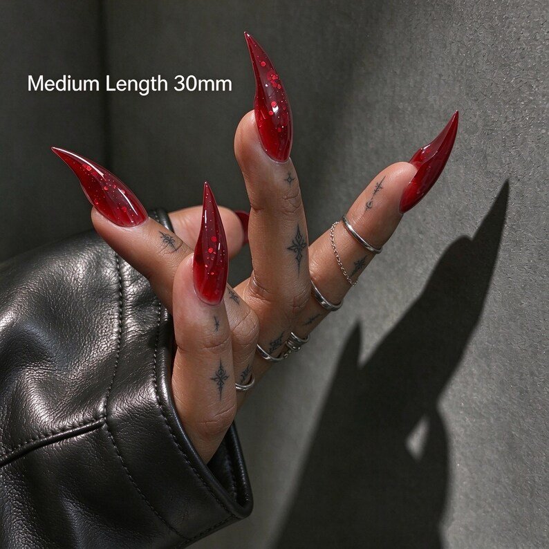 Blood Red Cat Claw Press-on Nails, Glossy Stiletto Nails for Gothic, Vampire & Dark Feminine Style - Image 5
