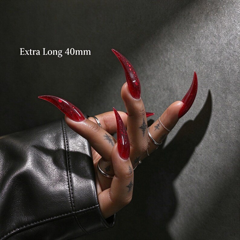 Blood Red Cat Claw Press-on Nails, Glossy Stiletto Nails for Gothic, Vampire & Dark Feminine Style - Image 4
