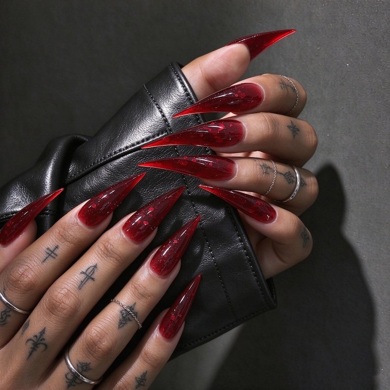 Blood Red Cat Claw Press-on Nails, Glossy Stiletto Nails for Gothic, Vampire & Dark Feminine Style - Image 2