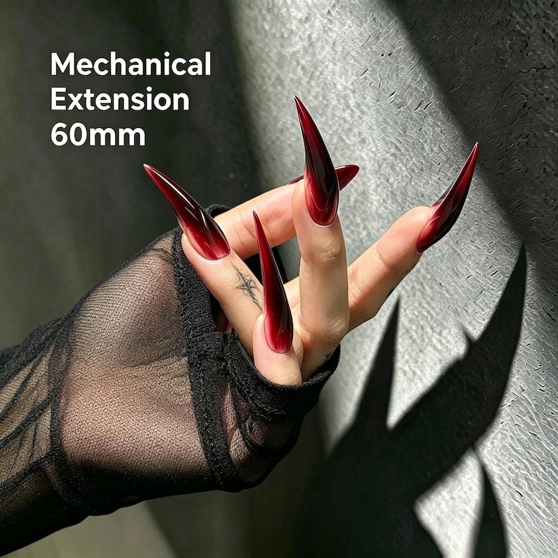 Crimson Noir Claw Press-on Nails, Dark Red Stiletto Nails for Gothic Style - Image 5