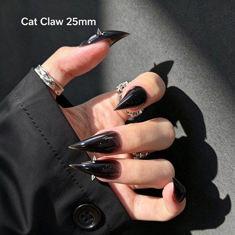 Black Spike Cat Claw Press-on Nails, Gothic Stiletto Nails for Alt Girls - Image 4
